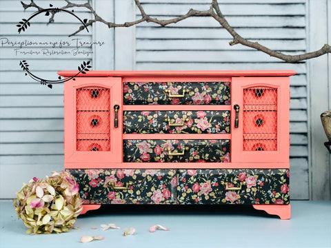 Belles and Whistles Peony Pattern - A1 Rice Decoupage Paper is a simple way to visually enhance any surface of your project! Coral pink painted dresser with  Peony Pattern Rice Decoupage Paper on the front of the drawers. Staged with ball of flowers.
