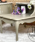 Belles and Whistles Roses - Silkscreen Stencil provides an extra decorative touch to any project! A grey side table antique set, featuring the rose stencil in white on the side.