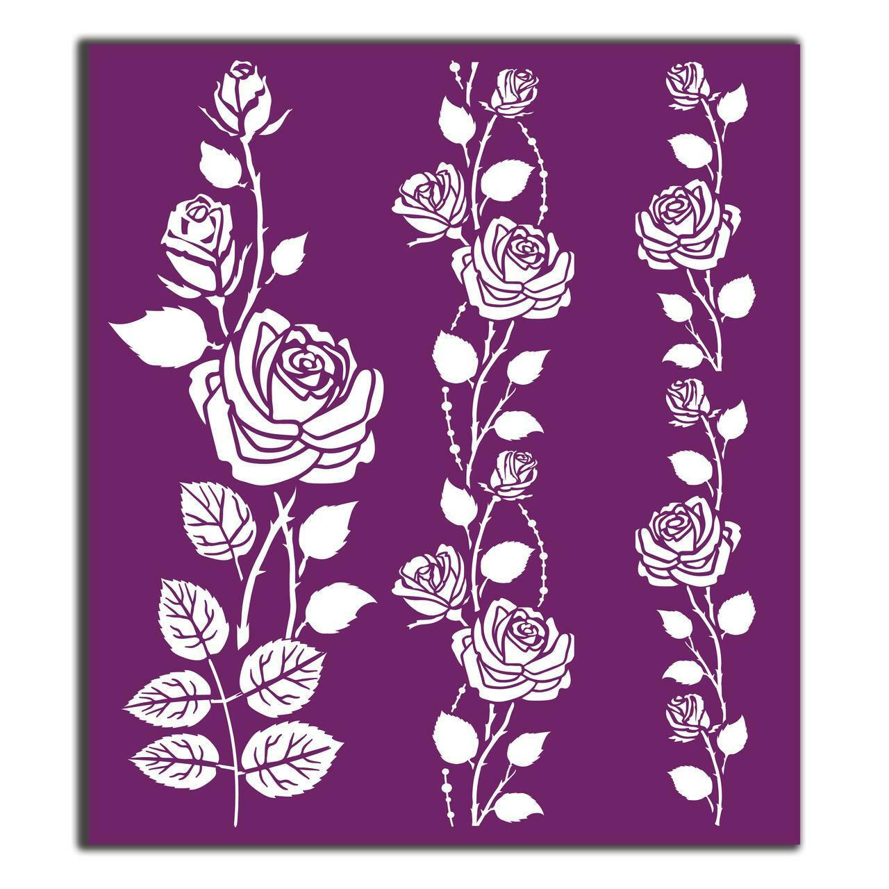 Belles and Whistles Roses - Silkscreen Stencil provides an extra decorative touch to any project! A singular closeup of the second sheet with 3 rows of rose and vine design, all laying vertical.