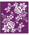 Belles and Whistles Roses - Silkscreen Stencil provides an extra decorative touch to any project! A singular closeup of the first page that has two designs mirroring each other with a single rose in the middle, leaves and vines on both sides with mini roses along it.