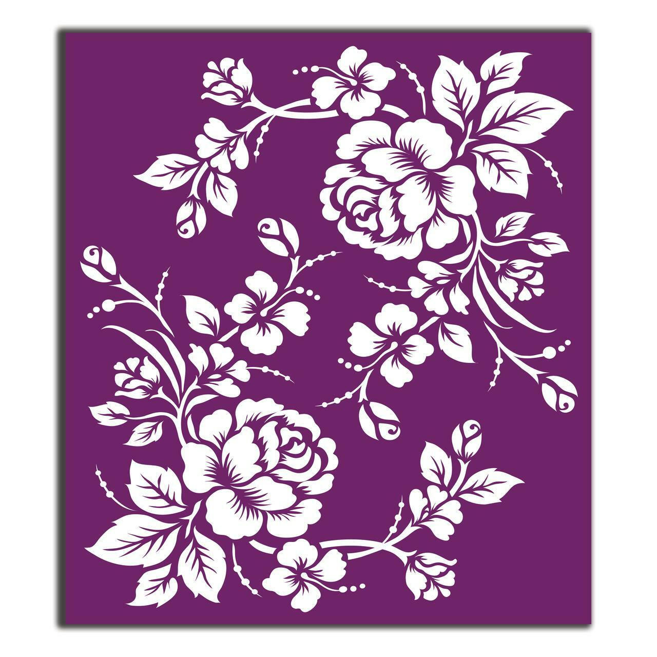 Belles and Whistles Roses - Silkscreen Stencil provides an extra decorative touch to any project! A singular closeup of the first page that has two designs mirroring each other with a single rose in the middle, leaves and vines on both sides with mini roses along it.