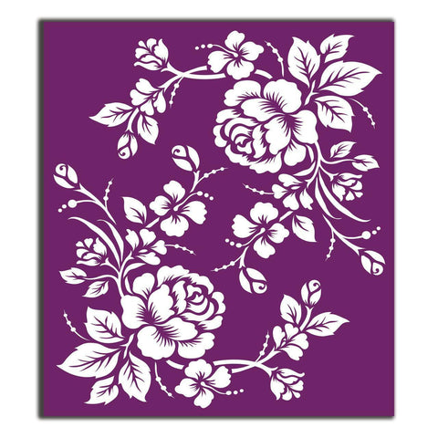 Belles and Whistles Roses - Silkscreen Stencil provides an extra decorative touch to any project! A singular closeup of the first page that has two designs mirroring each other with a single rose in the middle, leaves and vines on both sides with mini roses along it.