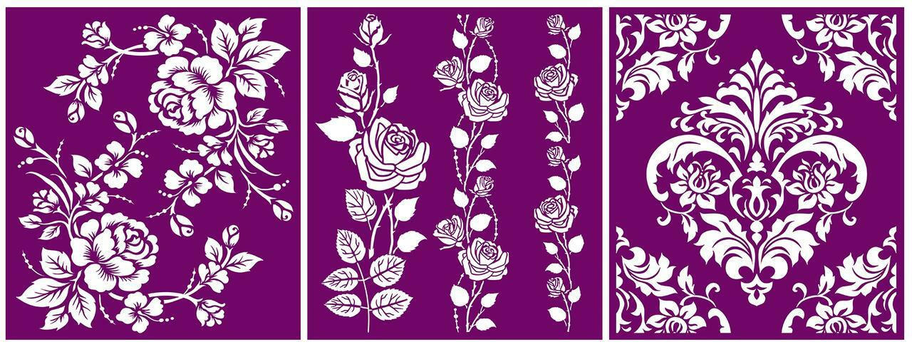 Belles and Whistles Roses - Silkscreen Stencil provides an extra decorative touch to any project! All 3 designs, full sheets laying horizontally together.