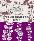Belles and Whistles Roses - Silkscreen Stencil provides an extra decorative touch to any project! Front of the silkscreen stencil packaging, shows Belles and Whistles logo and name. The bottom half shows a portion of the stencil for reference, in this case, roses with stems and leaves.