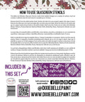 Belles and Whistles Roses - Silkscreen Stencil provides an extra decorative touch to any project! This shows the back of the package, the instructions on how to use, a picture of all 3 stencils laid horizontally, social media handles and QR codes to scan for more information.