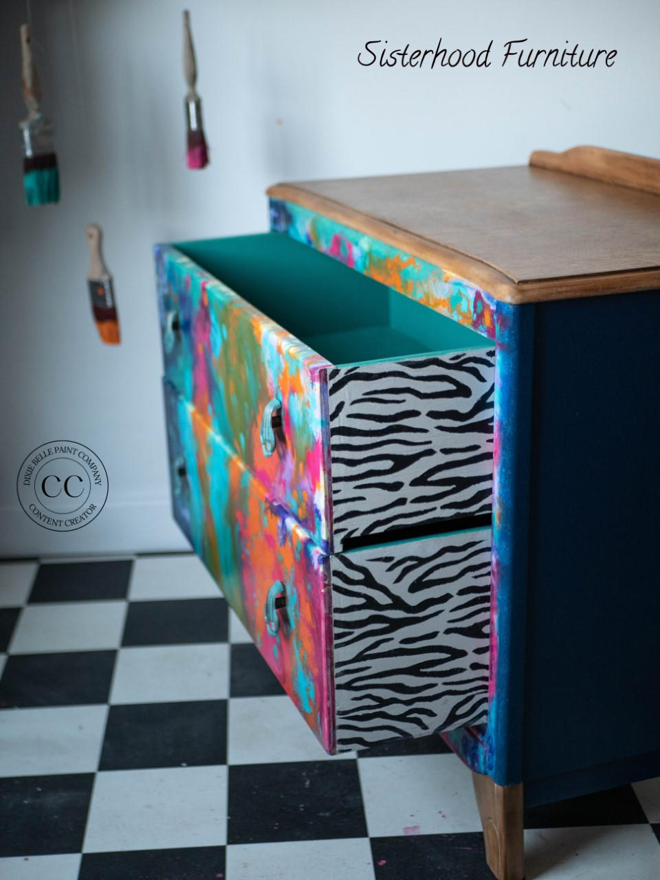 Belles and Whistles Safari - Stencil provides an extra decorative touch to any project! A bedside table that has water color all over and the drawer side is shown with the zebra print, contrasting well with the colors.