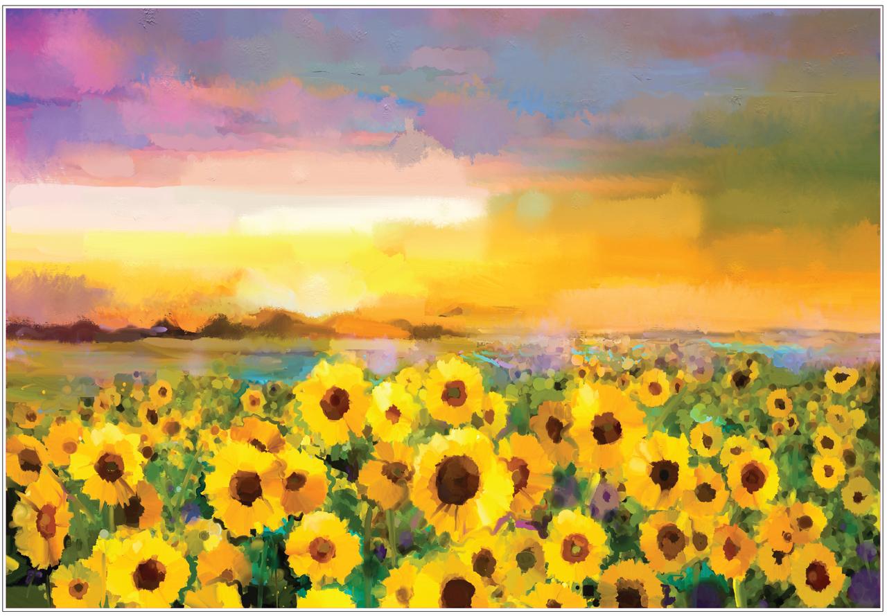 Belles and Whistles Sunflower Sunset - A1 Rice Decoupage Paper 
Image shows a layout of the Sunflower Sunset - A1 Rice Decoupage Paper , which is a field of sunflowers in front of a colorful sunset