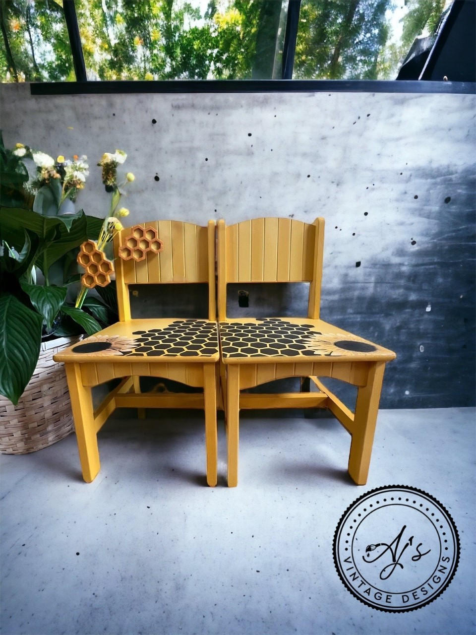 Belles and Whistles The Bee's Knees - Stencil provides an extra decorative touch to any project! Two yellow painted chairs with the honeycomb pattern of the stencil applied on the seat of the chair in brown. Sunflower design of the transfer applied to the front corner of both of the seats in yellow, white and brown. A honeycomb applique was applied to the back of one of the chairs.