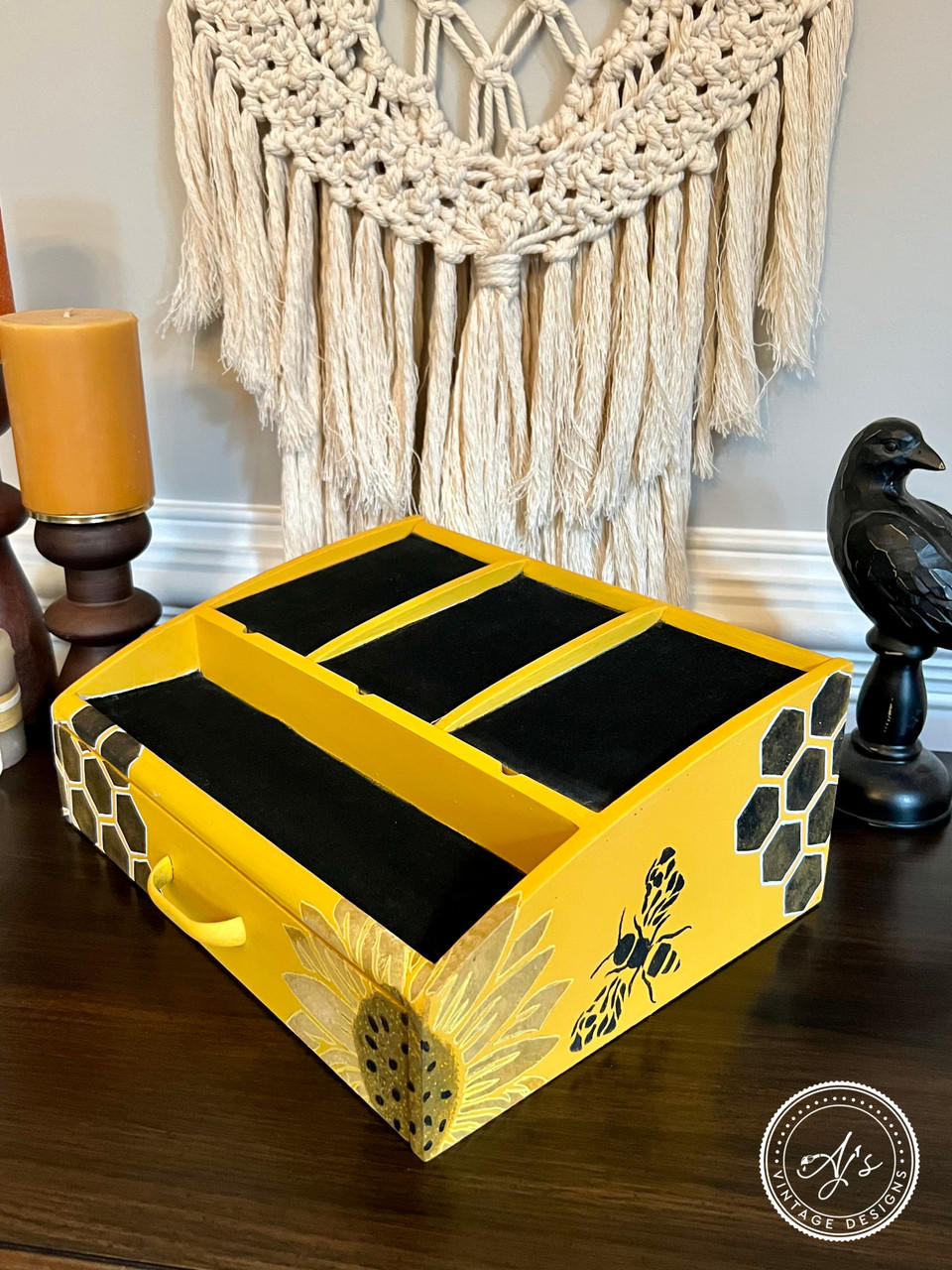 Belles and Whistles The Bee's Knees - Stencil provides an extra decorative touch to any project!  A yellow and black painted desk top caddy with the Bee's Knees stencil applied to the outside of it in black and brown chalk paint.