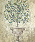Image of Tuscan Olive Tissue Decoupage Paper, green tree in a ceramic looking pot with bluish black olive hanging from the leaves. On a beige distressed background.