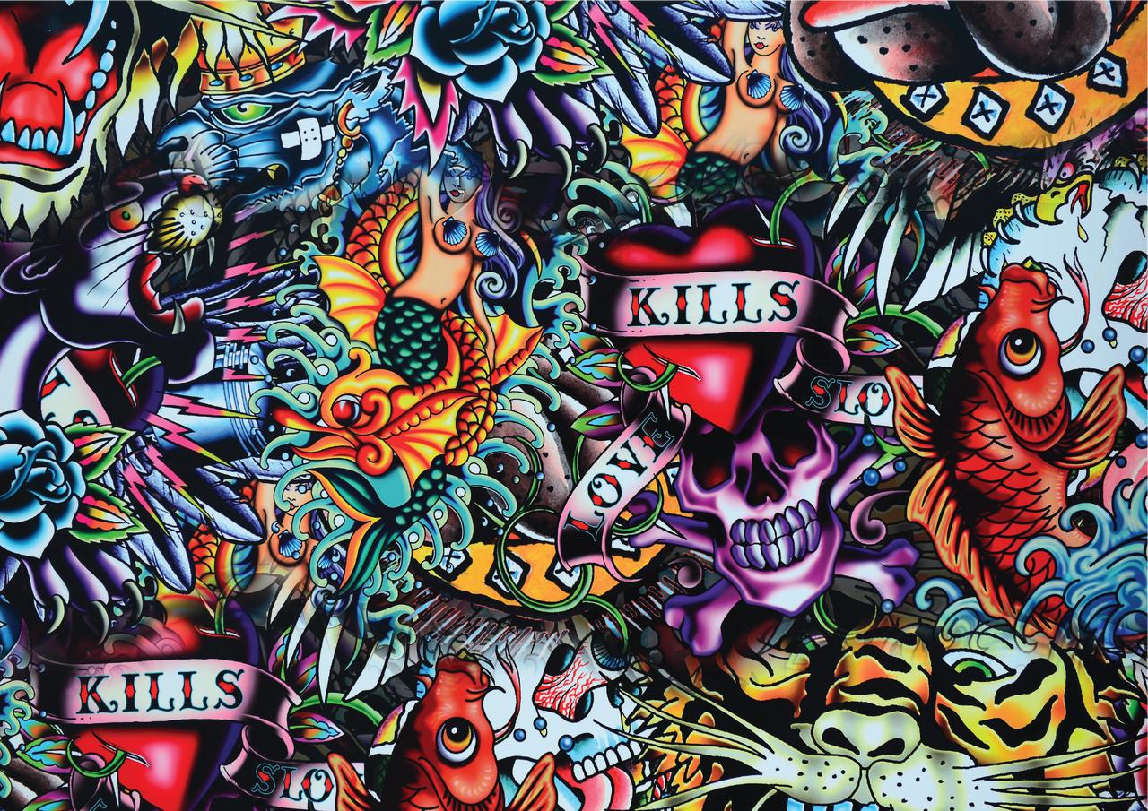 Belles and Whistles Vintage Tattoo - Rice Decoupage Paper  looks like a tattoo with various images like mermaids, skulls and more.