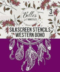 Belles and Whistles Western Boho - Silkscreen Stencil provides an extra decorative touch to any project!  Digital image of Western Boho Silk Screen Stencil packaging with white background.