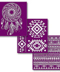 Belles and Whistles Western Boho - Silkscreen Stencil provides an extra decorative touch to any project!  Digital image of all 3 sheets of the Western Boho Silkscreen Stencil fanned out on a white background.