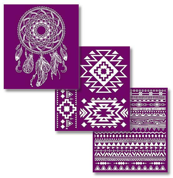 Belles and Whistles Western Boho - Silkscreen Stencil provides an extra decorative touch to any project!  Digital image of all 3 sheets of the Western Boho Silkscreen Stencil fanned out on a white background.