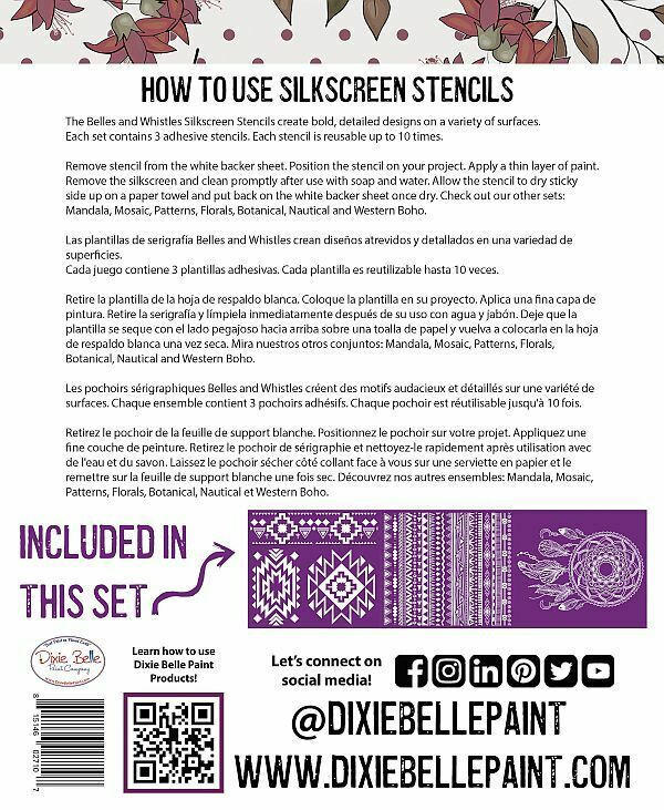 Belles and Whistles Western Boho - Silkscreen Stencil provides an extra decorative touch to any project!  Digital image of detailed instruction sheet for how to apply Western Boho Silk Screen Stencil.