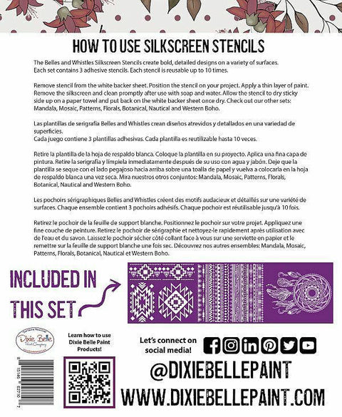 Belles and Whistles Western Boho - Silkscreen Stencil provides an extra decorative touch to any project!  Digital image of detailed instruction sheet for how to apply Western Boho Silk Screen Stencil.