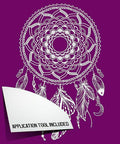 Belles and Whistles Western Boho - Silkscreen Stencil provides an extra decorative touch to any project!  Digital Image of the dream catcher page of the Western Boho Silkscreen Stencil with a white piece of paper that reads "APPLIATION TOOL INCLUDED".