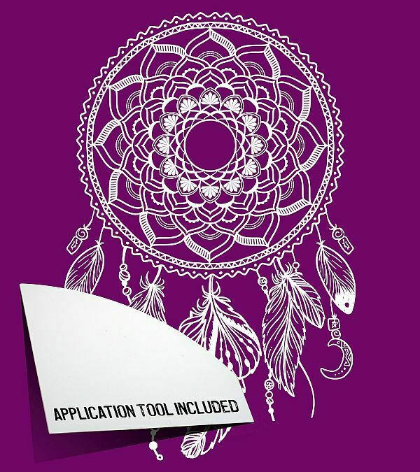 Belles and Whistles Western Boho - Silkscreen Stencil provides an extra decorative touch to any project!  Digital Image of the dream catcher page of the Western Boho Silkscreen Stencil with a white piece of paper that reads "APPLIATION TOOL INCLUDED".