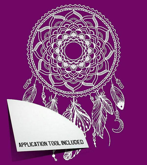 Belles and Whistles Western Boho - Silkscreen Stencil provides an extra decorative touch to any project!  Digital Image of the dream catcher page of the Western Boho Silkscreen Stencil with a white piece of paper that reads "APPLIATION TOOL INCLUDED".