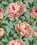 Seamless floral pattern featuring large, pink peonies with lush green leaves on a soft green background. The detailed, blooming flowers create an elegant, vintage-inspired design.