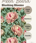 Mood board titled "Blushing Blooms" featuring large pink peonies on green foliage and a palette of four colors: French Villa, Elderflower, Wicklow Glen, and Chantilly. Countryside Collection branding at the bottom.