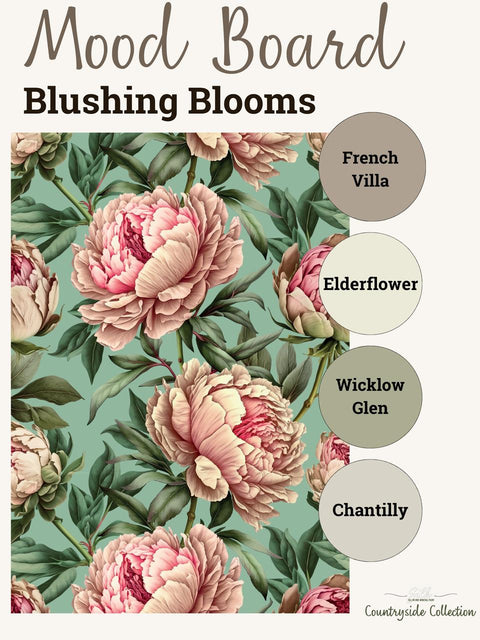 Mood board titled "Blushing Blooms" featuring large pink peonies on green foliage and a palette of four colors: French Villa, Elderflower, Wicklow Glen, and Chantilly. Countryside Collection branding at the bottom.