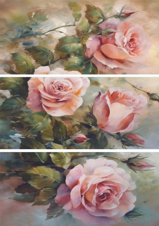 Image of Blushing Roses A1 Rice Decoupage Paper. Watercolor type image with 4 pink roses and green leaves.
