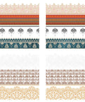 Image of Bohemian Dream Transfer. 7 different border patterns. From top to bottom the  colors of the border designs are, gold and pink; orange, red, blue, and yellow; black lotus type flowers; blue and tan; white; brown; and yellow.
