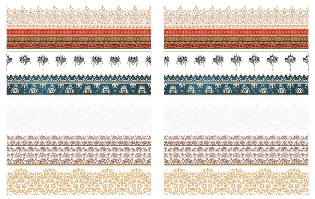 Image of Bohemian Dream Transfer. 7 different border patterns. From top to bottom the  colors of the border designs are, gold and pink; orange, red, blue, and yellow; black lotus type flowers; blue and tan; white; brown; and yellow.