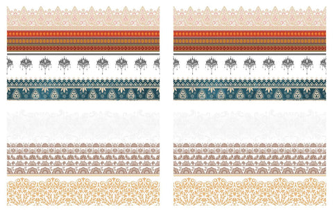 Image of Bohemian Dream Transfer. 7 different border patterns. From top to bottom the  colors of the border designs are, gold and pink; orange, red, blue, and yellow; black lotus type flowers; blue and tan; white; brown; and yellow.