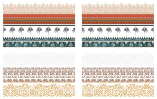Image of Bohemian Dream Transfer. 7 different border patterns. From top to bottom the  colors of the border designs are, gold and pink; orange, red, blue, and yellow; black lotus type flowers; blue and tan; white; brown; and yellow.