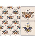 Patterned image featuring ornate butterflies with geometric and celestial designs. Left side displays a repeating motif, while the right side shows two individual butterfly illustrations with intricate details, sun, moon, and star elements.