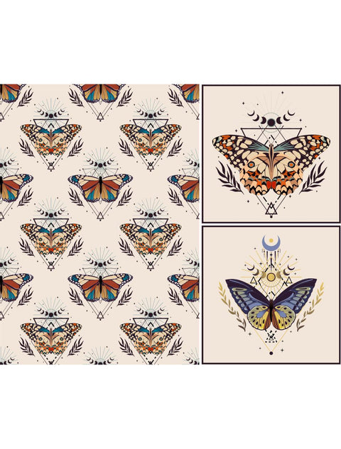 Patterned image featuring ornate butterflies with geometric and celestial designs. Left side displays a repeating motif, while the right side shows two individual butterfly illustrations with intricate details, sun, moon, and star elements.