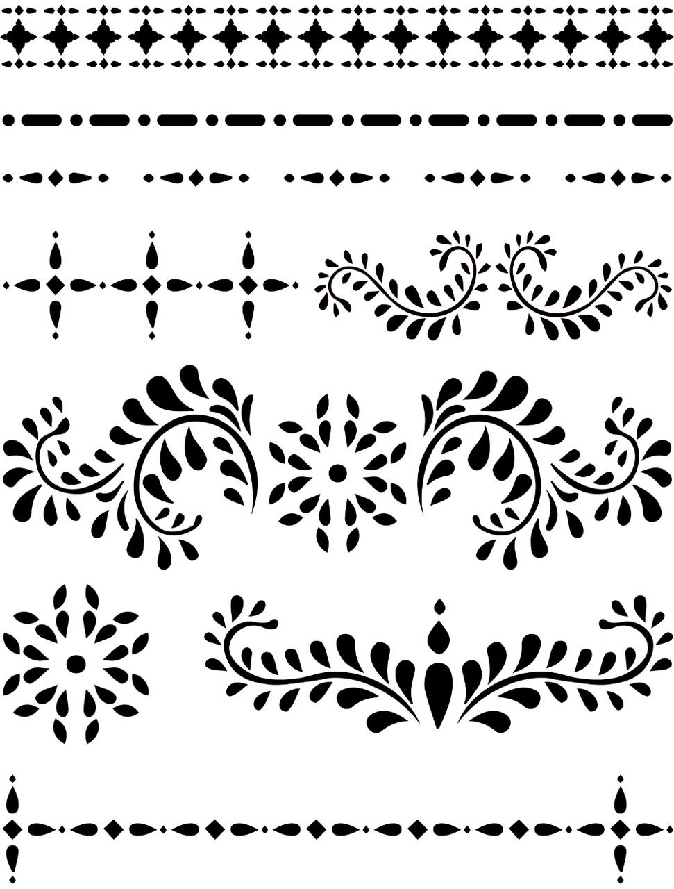 Image of Bone Inlay Stencil. Elegant black and white patterns featuring floral and geometric designs, suitable for artistic and interior decorating themes.