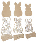 Wooden cutout pieces in the shapes of bunnies, with some featuring intricate floral designs. The set includes both solid and patterned pieces, along with rectangular bases for assembly.