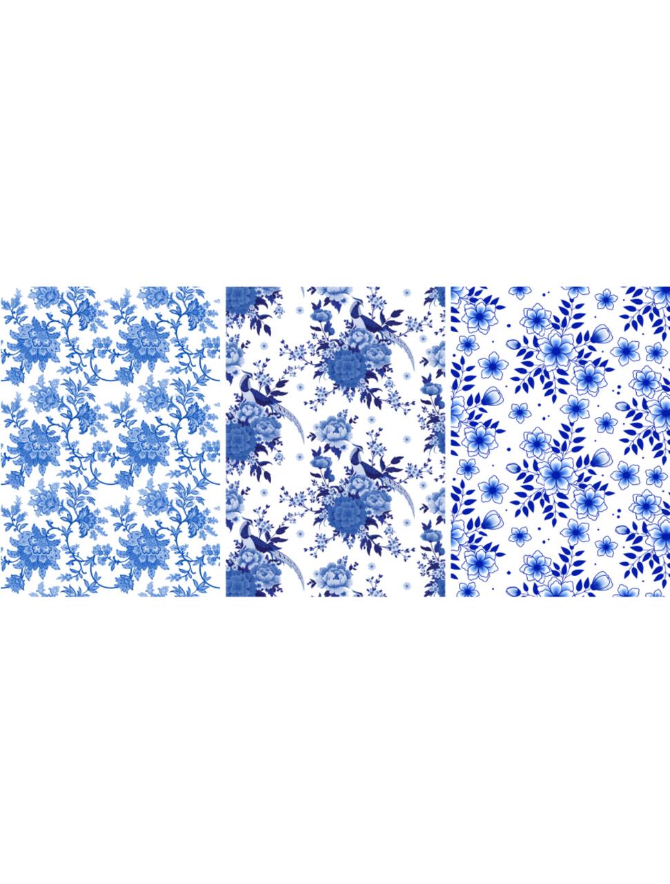 Three vertical panels of intricate blue and white floral patterns. The left panel features a dense floral design; the middle panel showcases larger flowers and birds; the right panel combines abstract flowers and leaves. All patterns have a traditional, ornate style.