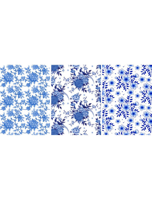 Three vertical panels of intricate blue and white floral patterns. The left panel features a dense floral design; the middle panel showcases larger flowers and birds; the right panel combines abstract flowers and leaves. All patterns have a traditional, ornate style.