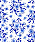 Three vertical panels of intricate blue and white floral patterns. The right panel combines abstract flowers and leaves. All patterns have a traditional, ornate style.