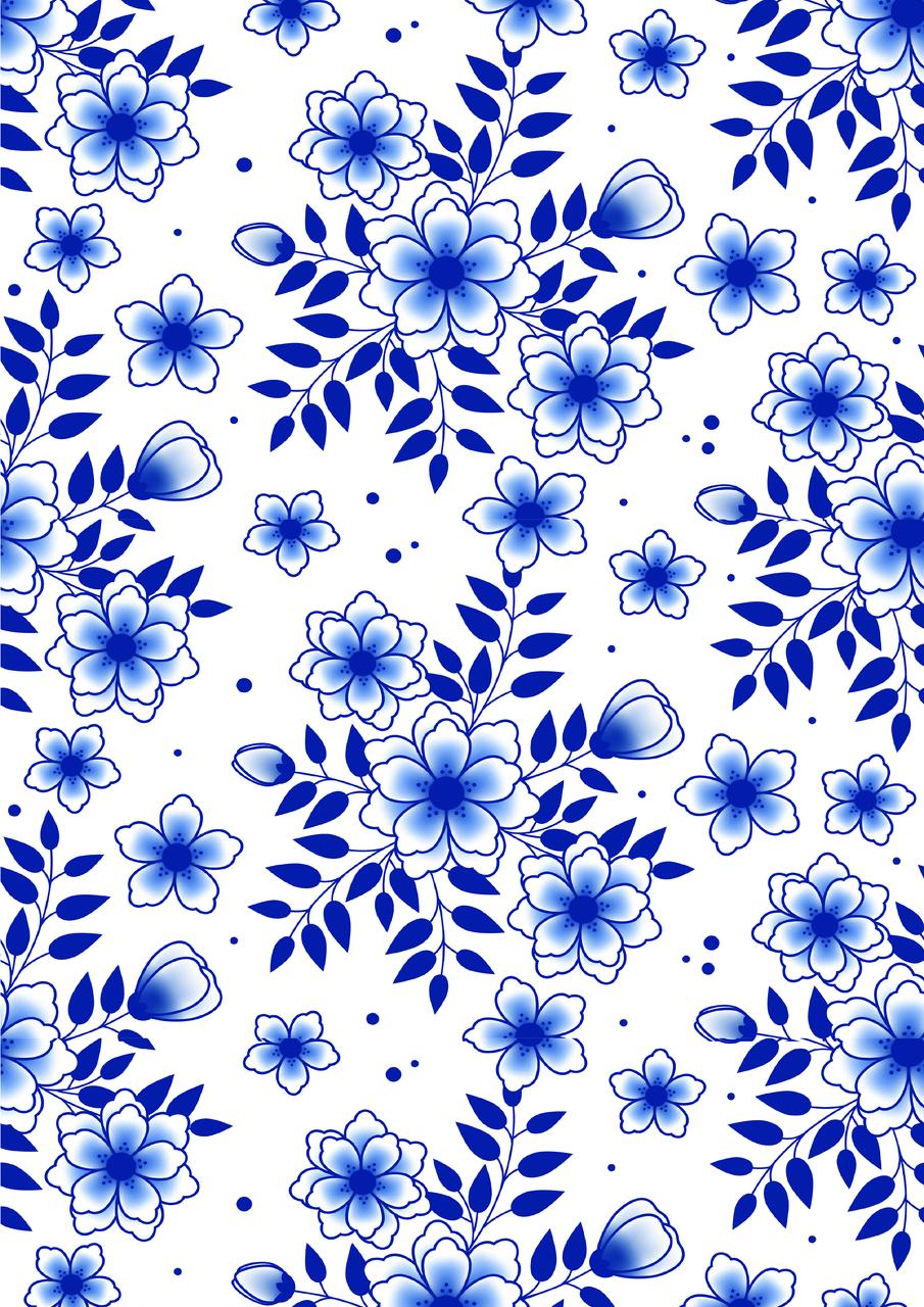 Three vertical panels of intricate blue and white floral patterns. The right panel combines abstract flowers and leaves. All patterns have a traditional, ornate style.