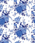 Three vertical panels of intricate blue and white floral patterns. The middle panel showcases larger flowers and birds. All patterns have a traditional, ornate style.