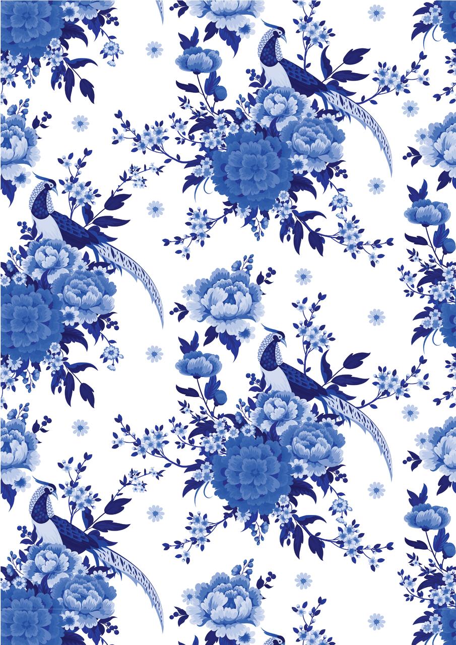 Three vertical panels of intricate blue and white floral patterns. The middle panel showcases larger flowers and birds. All patterns have a traditional, ornate style.