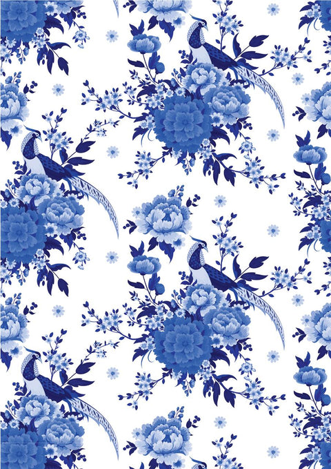 Three vertical panels of intricate blue and white floral patterns. The middle panel showcases larger flowers and birds. All patterns have a traditional, ornate style.