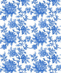 Three vertical panels of intricate blue and white floral patterns. The left panel features a dense floral design. All patterns have a traditional, ornate style.
