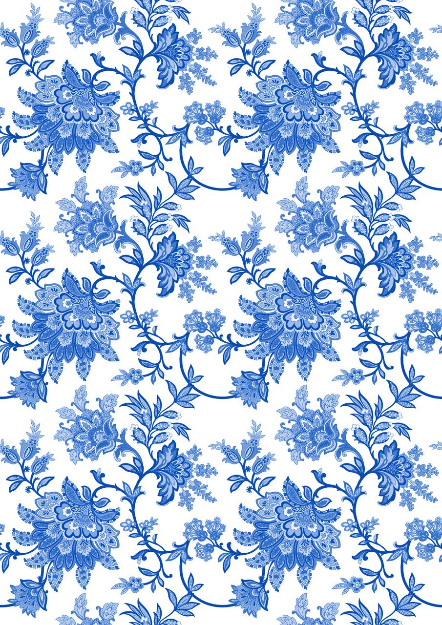 Three vertical panels of intricate blue and white floral patterns. The left panel features a dense floral design. All patterns have a traditional, ornate style.