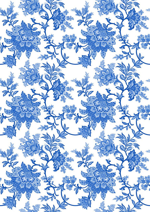 Three vertical panels of intricate blue and white floral patterns. The left panel features a dense floral design. All patterns have a traditional, ornate style.