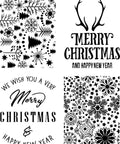 Image of Christmas Cheer stencil. 4 separate designs. The top left design is a collection of different sized Christmas trees and snowflakes. The top right design has antlers and underneath it reads "Merry Christmas" under that it reads "And Happy New Year"
The bottom left design reads "We Wish You A Very Merry Christmas & Happy New Year" in a circular design. The bottom right design is a collection of different sizes and shapes of snowflakes.