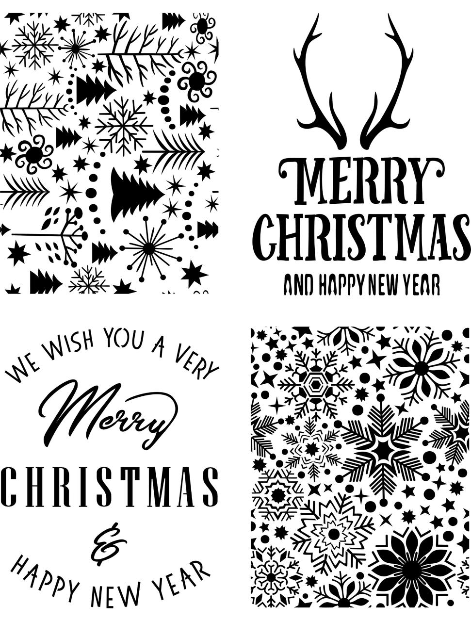 Image of Christmas Cheer stencil. 4 separate designs. The top left design is a collection of different sized Christmas trees and snowflakes. The top right design has antlers and underneath it reads "Merry Christmas" under that it reads "And Happy New Year"
The bottom left design reads "We Wish You A Very Merry Christmas & Happy New Year" in a circular design. The bottom right design is a collection of different sizes and shapes of snowflakes.