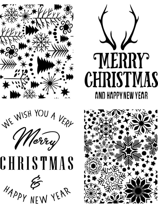 Image of Christmas Cheer stencil. 4 separate designs. The top left design is a collection of different sized Christmas trees and snowflakes. The top right design has antlers and underneath it reads "Merry Christmas" under that it reads "And Happy New Year"
The bottom left design reads "We Wish You A Very Merry Christmas & Happy New Year" in a circular design. The bottom right design is a collection of different sizes and shapes of snowflakes.