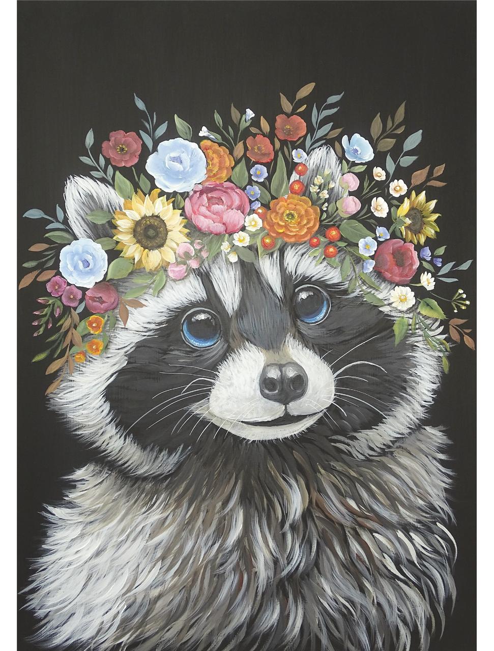 A whimsical painting of a raccoon with bright blue eyes and a crown of colorful flowers on its head. The background is solid black, making the raccoon's fur and the vibrant flowers stand out vividly.