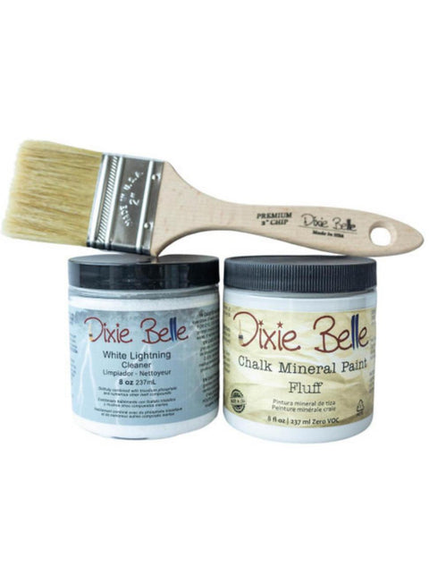 Basic Chalk Mineral Paint Bundle - To save money, we have bundled all the products you need for a first time chalk paint project. An 8 oz. size chalk paint container with an 8 oz. size white lightning and a premium natural bristle Dixie Belle brush.
